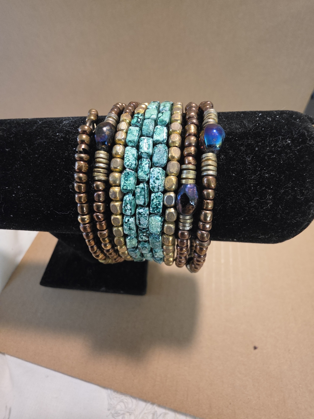 Turquoise and Bronze Beaded Multi-Strand Wrap Bracelet